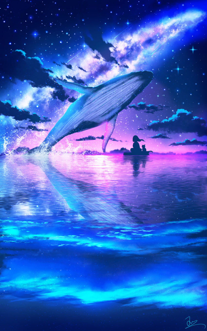 1girl animal cat cloud gradient_sky highres milky_way night night_sky ocean original outdoors purple_sky reflection reflective_water scenery shooting_star sky skyrick9413 solo star_(sky) starry_sky whale