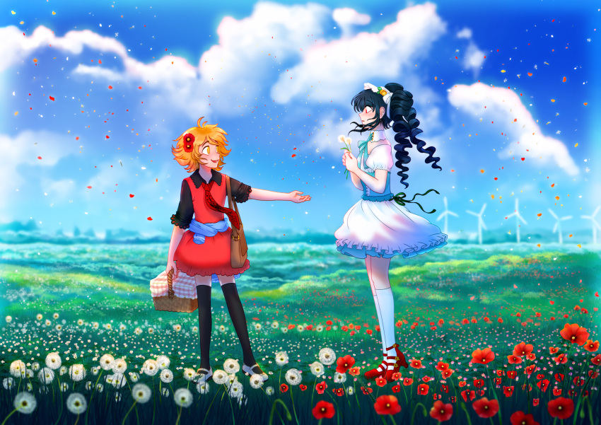 1boy 1girl :d absurdres alternate_costume black_hair black_shirt black_thighhighs celestia_ludenberg cloud crossdressing danganronpa:_trigger_happy_havoc danganronpa_(series) day dress drill_hair flower from_side fujisaki_chihiro grass green_ribbon hair_flower hair_ornament hair_ribbon high_heels highres holding holding_flower kneehighs neck_ribbon open_mouth orange_hair otoko_no_ko outdoors petals picnic_basket puffy_short_sleeves puffy_sleeves red_dress red_flower red_footwear ribbon shirt shoes short_sleeves smile socks thighhighs twin_drills twinklelitchii twintails white_flower white_ribbon white_socks