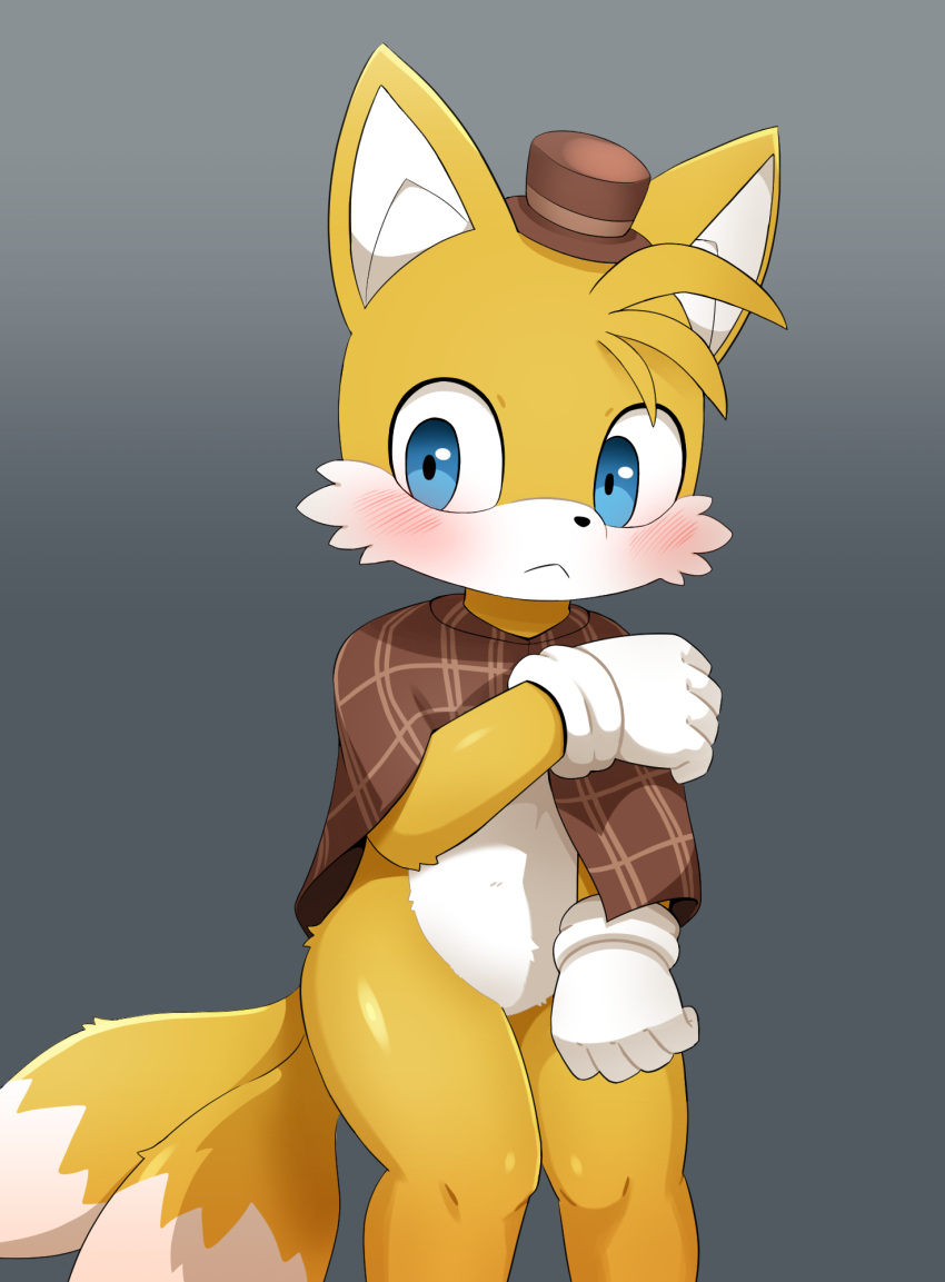 2023 2_tails anthro black_nose black_pupils blue_eyes blush brown_clothing brown_headwear canid canine cheek_tuft clothed clothing facial_tuft fingers fox fur fur_tuft gloves handwear headgear headwear hi_res iris male mammal miles_prower multi_tail pupils sega solo sonic_the_hedgehog_(series) sum tail tuft white_body white_clothing white_fur white_gloves white_handwear white_tail white_tuft yellow_body yellow_ears yellow_fur yellow_tail