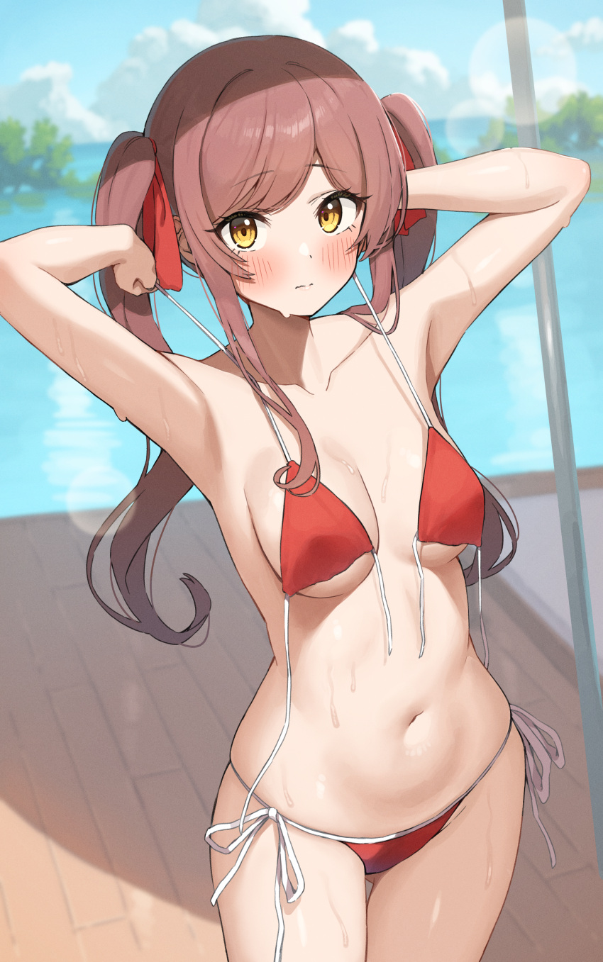 1girl absurdres alternate_costume alternate_hairstyle armpits arms_up bikini blurry blurry_background blush breasts breasts_apart brown_hair collarbone commentary hair_ribbon highres idolmaster idolmaster_shiny_colors long_hair looking_at_viewer medium_breasts navel osaki_amana red_bikini ribbon side-tie_bikini_bottom sidelocks solo stomach sweat swimsuit twintails untied_bikini very_long_hair wanimaru yellow_eyes