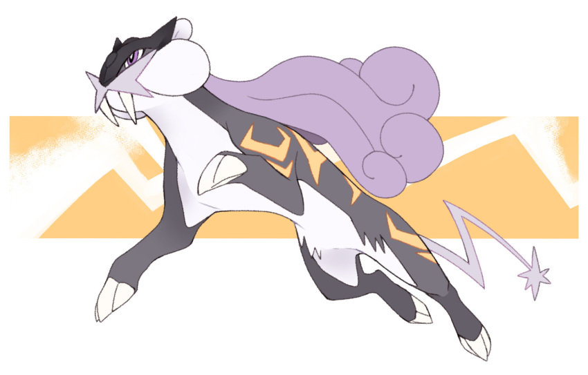 alternate_color alternate_shiny_pokemon claws fangs full_body highres no_humans pokemon pokemon_(creature) purple_eyes raikou solo tail two-tone_background vergolophus white_background yellow_background