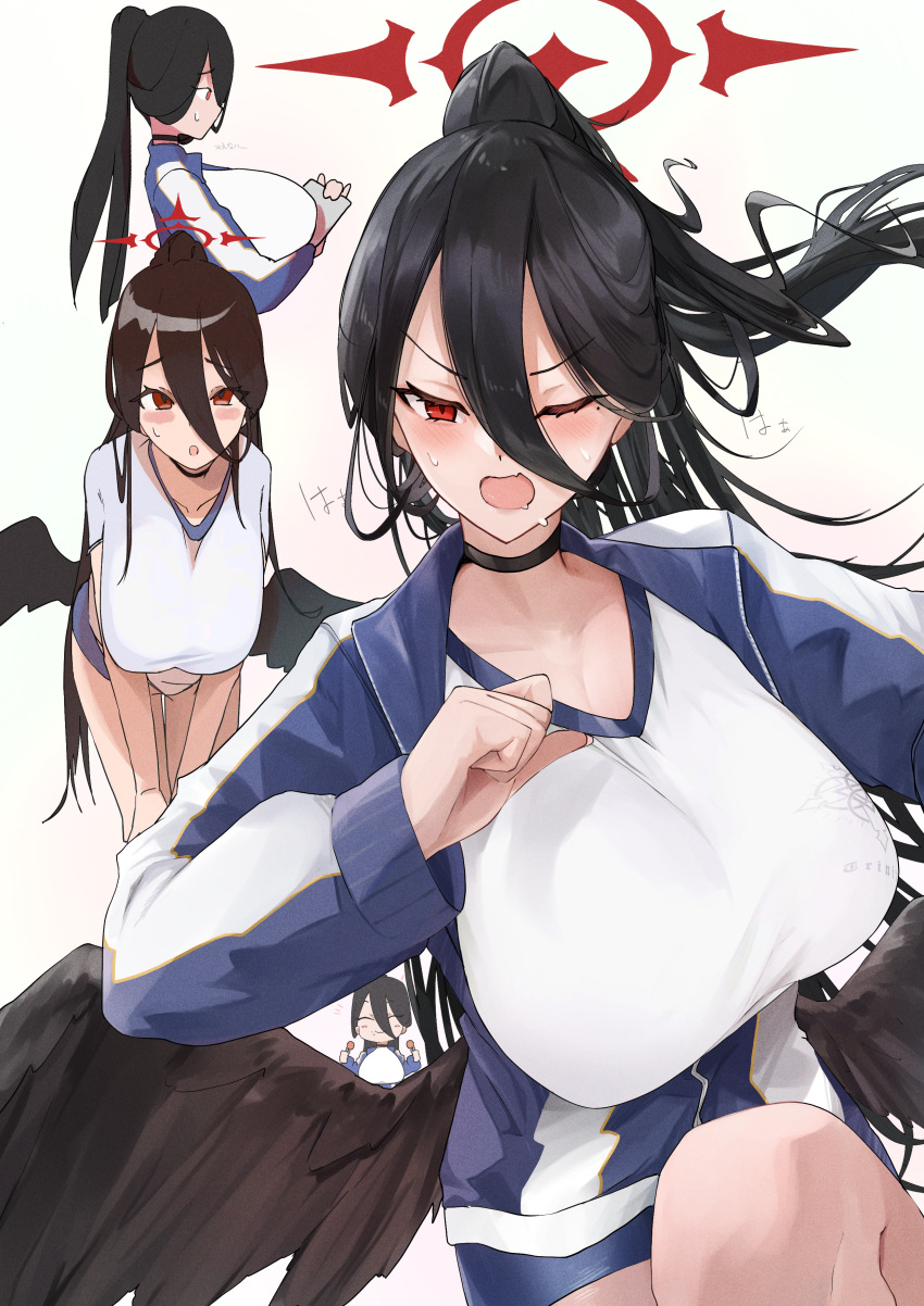 1girl absurdres black_hair black_wings blue_archive blue_jacket blue_shorts blush breasts chankuro choker clipboard closed_eyes collarbone eating feathered_wings hair_between_eyes halo hasumi_(blue_archive) hasumi_(track)_(blue_archive) high_ponytail highres huge_breasts jacket leaning_forward long_hair long_sleeves looking_at_viewer mole mole_under_eye multiple_views one_eye_closed open_mouth red_eyes shirt short_shorts short_sleeves shorts smile very_long_hair white_shirt wings