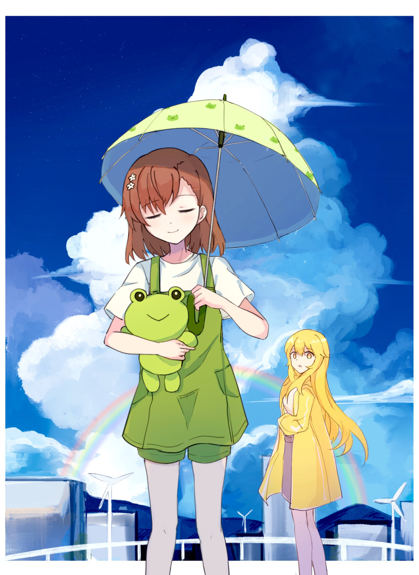 2girls absurdres academy_city animal_print asymmetrical_bangs blue_sky brown_hair closed_eyes cloud dress frog_print gekota green_dress hair_behind_ear hair_between_eyes hair_ornament hairpin high-waist_skirt highres holding holding_stuffed_toy jacket looking_at_another looking_at_viewer misaka_mikoto multiple_girls outdoors pinafore_dress rainbow raincoat shirt shokuhou_misaki short_hair skirt sky sleeveless sleeveless_dress smile star-shaped_pupils star_(symbol) stuffed_animal stuffed_frog stuffed_toy symbol-shaped_pupils toaru_kagaku_no_railgun toaru_majutsu_no_index umbrella weyiyuntfn white_shirt windmill yellow_eyes yellow_jacket