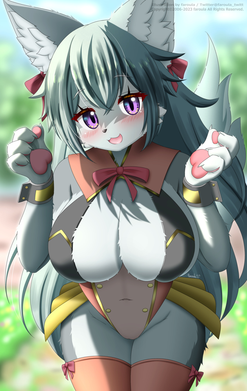 anthro big_breasts blush breasts canid canine canis clothed clothing faroula_twitt female fingers fur hair hi_res kemono looking_at_viewer mammal smile solo