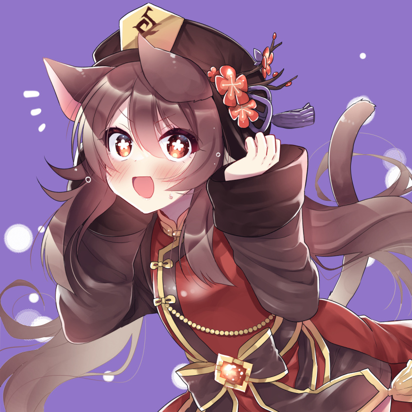 1girl animal_ears blush brown_eyes brown_hair cat_ears cat_girl cat_tail dress flower gem genshin_impact hano_haruka hat hat_flower hat_ribbon hat_tassel highres holding holding_clothes holding_hat hu_tao_(genshin_impact) long_hair open_mouth purple_background purple_ribbon red_dress ribbon solo symbol-shaped_pupils tail wet wet_hair