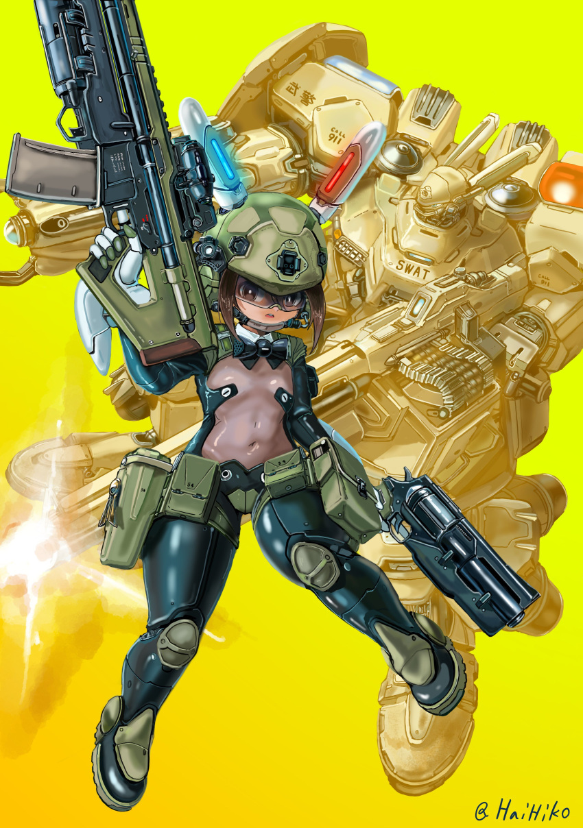 1girl absurdres antennae black_bow bow breasts brown_eyes brown_hair commentary_request covered_navel dual_wielding firing gloves green_headwear gun hai_to_hickory helmet highres holding holding_gun holding_weapon mecha original pouch revealing_clothes robot see-through small_breasts solo trigger_discipline twitter_username visor_(armor) weapon white_gloves yellow_background