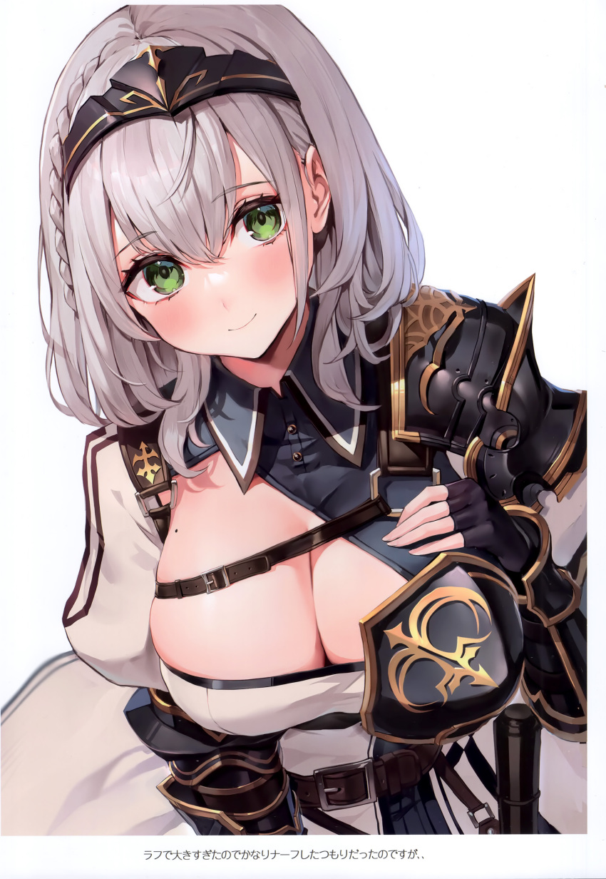 1girl absurdres armor blush braid breastplate breasts cleavage closed_mouth fingerless_gloves gloves gold_trim green_eyes grey_hair hand_on_own_chest highres hololive jewelry large_breasts looking_at_viewer mole mole_on_breast puffy_sleeves scan shirogane_noel shoulder_armor simple_background smile tiara upper_body virtual_youtuber watao white_background