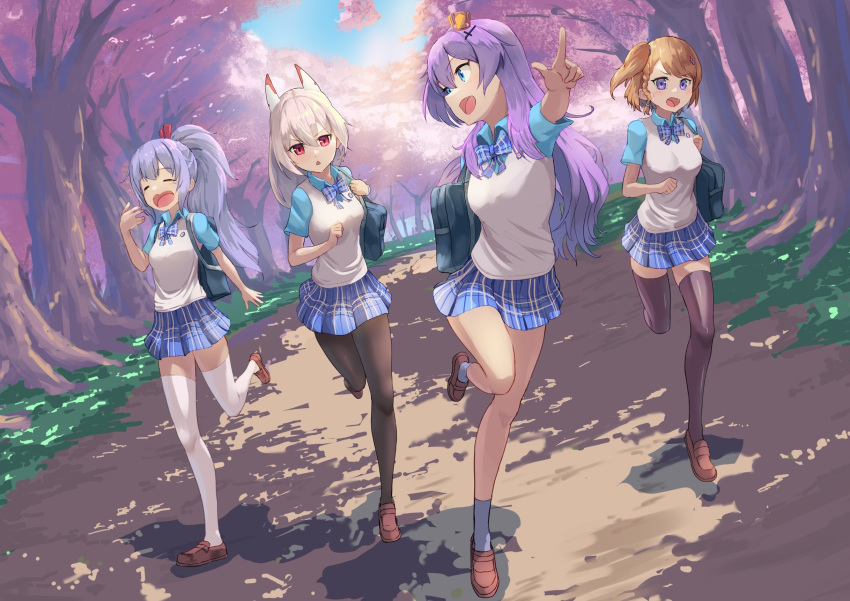 4girls ayanami_(azur_lane) azur_lane bag bow bowtie cherry_blossoms full_body highres javelin_(azur_lane) javelin_(slow_ahead!)_(azur_lane) laffey_(azur_lane) loafers lom_(lom_lom_8) multiple_girls official_alternate_costume open_mouth pantyhose path plaid plaid_skirt pleated_skirt running school_bag school_uniform shoes skirt thighhighs tree vest yawning z23_(azur_lane)