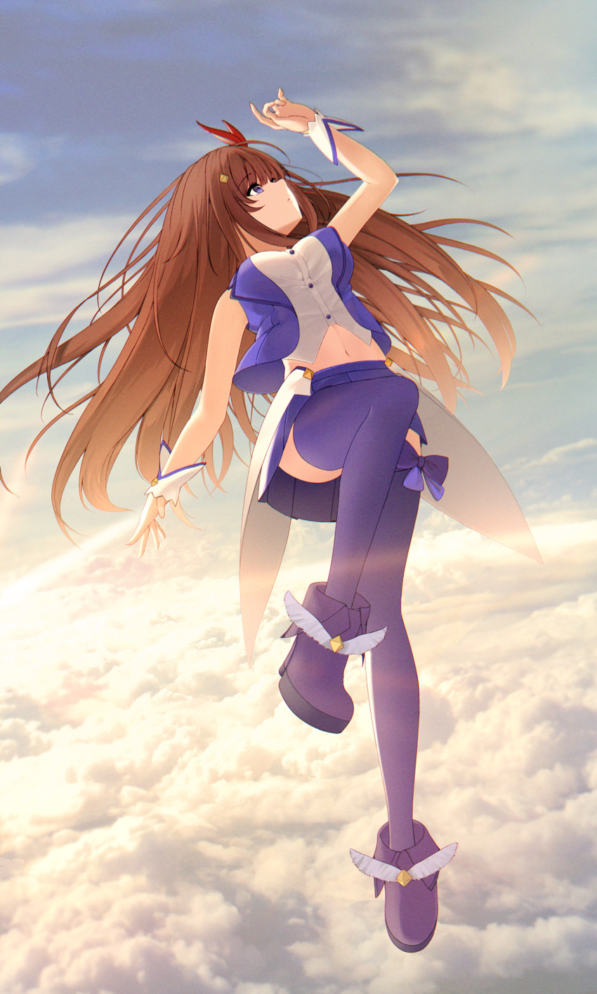 1girl arm_up blue_eyes blue_footwear blue_skirt blue_vest breasts brown_hair buttons cloud cloudy_sky cropped_vest flying hair_ribbon highres hololive long_hair navel nmokhahi red_ribbon ribbon shirt skirt sky sleeveless sleeveless_shirt solo thigh_bow tokino_sora tokino_sora_(1st_costume) vest virtual_youtuber waist_cape white_shirt white_wrist_cuffs wing_ornament