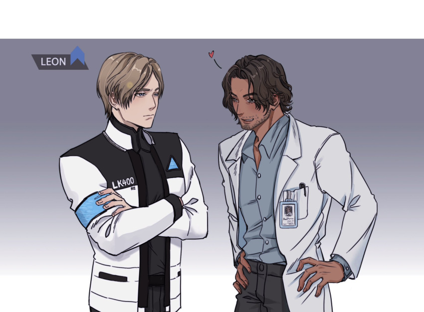 2boys android beard brown_hair bugouyanxiao character_name closed_mouth crossed_arms dark-skinned_male dark_skin detroit:_become_human english_commentary expressionless facial_hair hand_on_own_hip heart highres id_card lab_coat leon_s._kennedy light_brown_hair long_sleeves looking_at_another luis_sera male_focus multiple_boys pants parted_bangs resident_evil resident_evil_4 resident_evil_4_(remake) short_hair smile upper_body yaoi