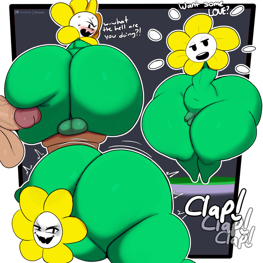 1:1 absurd_res armless balls big_balls big_butt big_penis black_eyes blush butt duo elemental_creature elemental_humanoid english_text exclamation_point flora_fauna flower flower_creature flowey_the_flower genitals green_body hi_res huge_butt huge_thighs humanoid hyper hyper_butt hyper_hips hyper_thighs inuzu looking_at_viewer looking_back male male/male not_furry onomatopoeia open_mouth penis plant profanity question_mark small_penis sound_effects text thick_thighs undertale undertale_(series) wide_hips