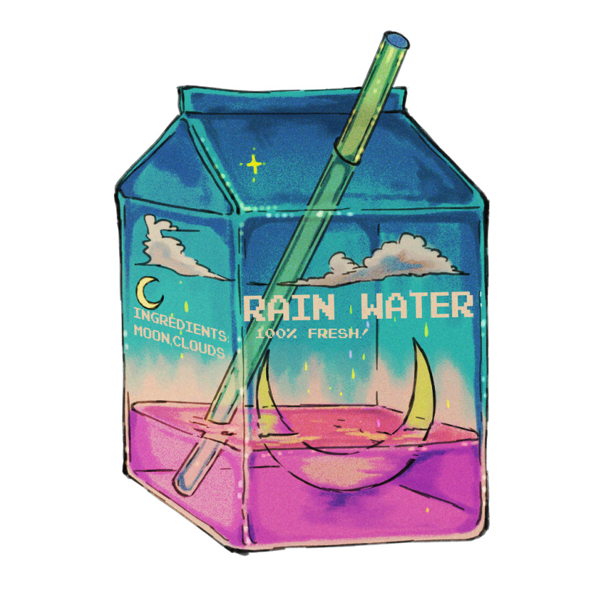 cloud commentary crescent drinking_straw english_commentary english_text hoshi-pan juice juice_box no_humans object_focus original rain star_(sky) still_life transparent_background