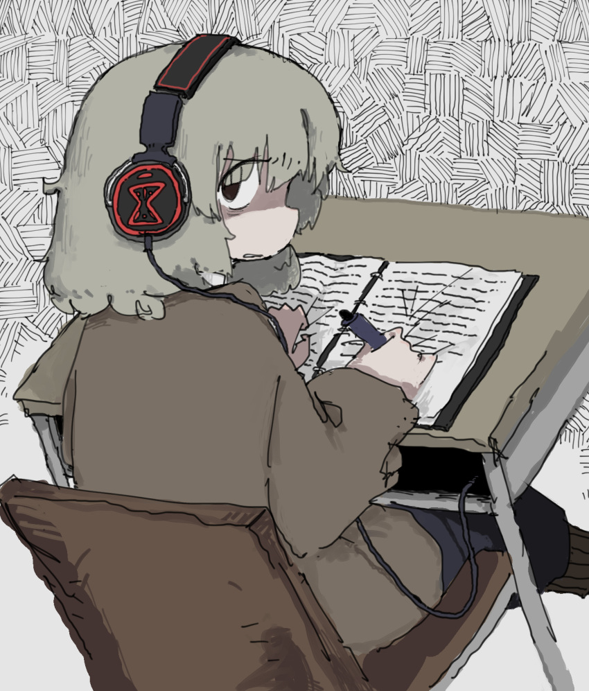 brown_hair clenched_teeth desk dutch_angle gloom_(expression) hatching_(texture) headphones highres holding holding_pen long_sleeves looking_at_viewer looking_back on_chair original pen tareme teeth torosakana writing