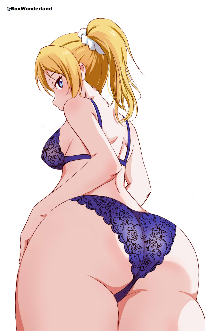 1girl absurdres ass ass_focus ayase_eli bangs bare_arms blonde_hair blue_bra blue_eyes blue_panties box_wonderland bra breasts cowboy_shot english_commentary floral_print from_behind hair_ornament hair_scrunchie hand_on_hip highres large_breasts long_hair looking_at_viewer looking_back looking_down love_live! love_live!_school_idol_project panties ponytail print_bra print_panties profile rose_print scrunchie shoulder_blades sideboob simple_background solo standing twitter_username underwear underwear_only white_background white_scrunchie