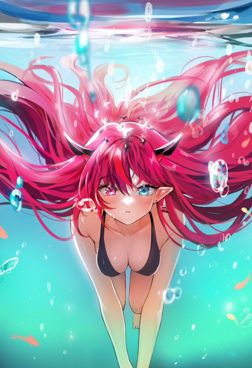 1girl absurdres air_bubble aqua_eyes bare_shoulders bikini black_bikini breasts bubble demon_horns double_halo earrings fish goldfish hair_between_eyes halo heterochromia highres hololive hololive_english horns irys_(hololive) jewelry long_hair looking_at_viewer medium_breasts multicolored_hair pink_eyes pink_hair pointy_ears red_hair solo somsomyeo star_halo streaked_hair swimming swimsuit underwater very_long_hair virtual_youtuber