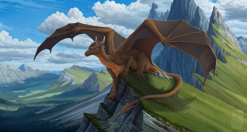 2023 all_fours ambiguous_gender cloud countershade_neck countershade_torso countershading darted_tail dragon feral grass hi_res horn keltaan kery membrane_(anatomy) membranous_wings mountain nature nature_background plant red_body red_scales rock scales shadow sitting sky snout solo wings