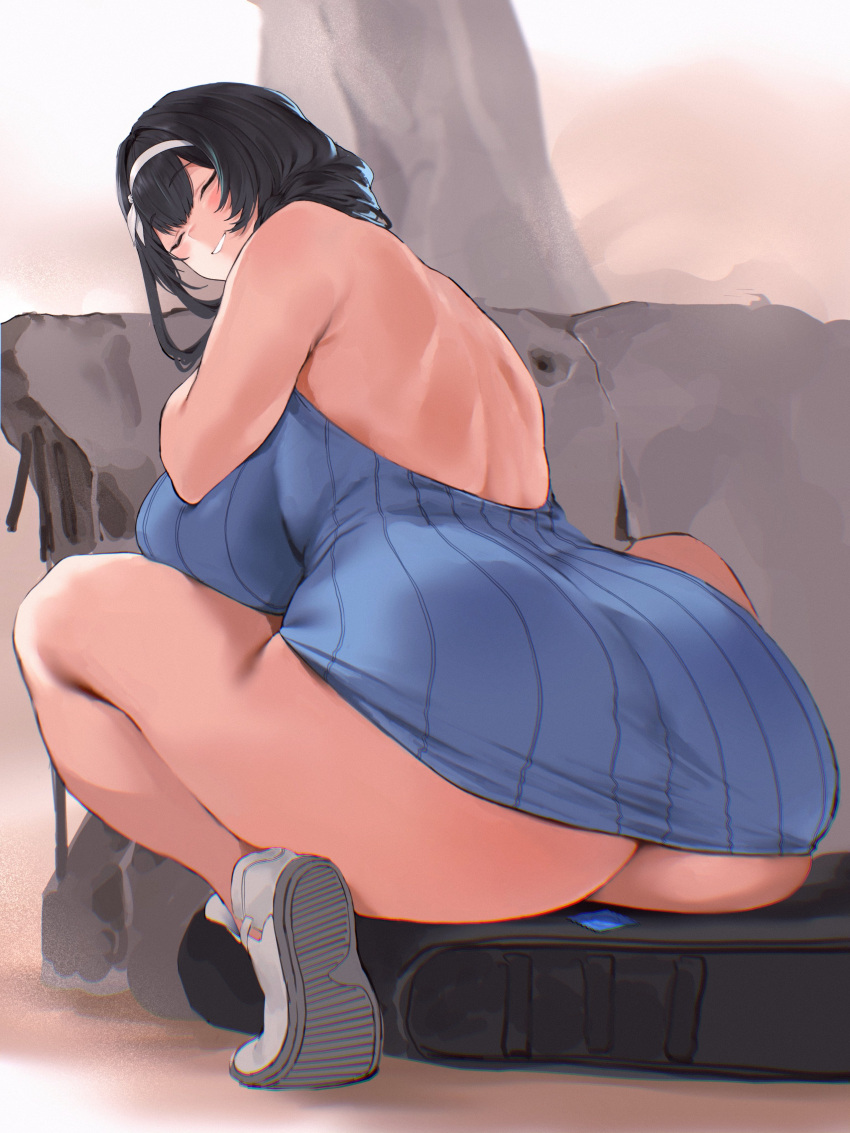 1girl absurdres ass backless_outfit black_hair blue_dress blush breasts closed_eyes condom condom_wrapper dress from_behind goddess_of_victory:_nikke grin hairband headband highres huge_ass huge_breasts long_hair looking_at_viewer looking_back mary_(nikke) rowkiba sitting sleeveless smile solo sweater sweater_dress tiptoes white_hairband