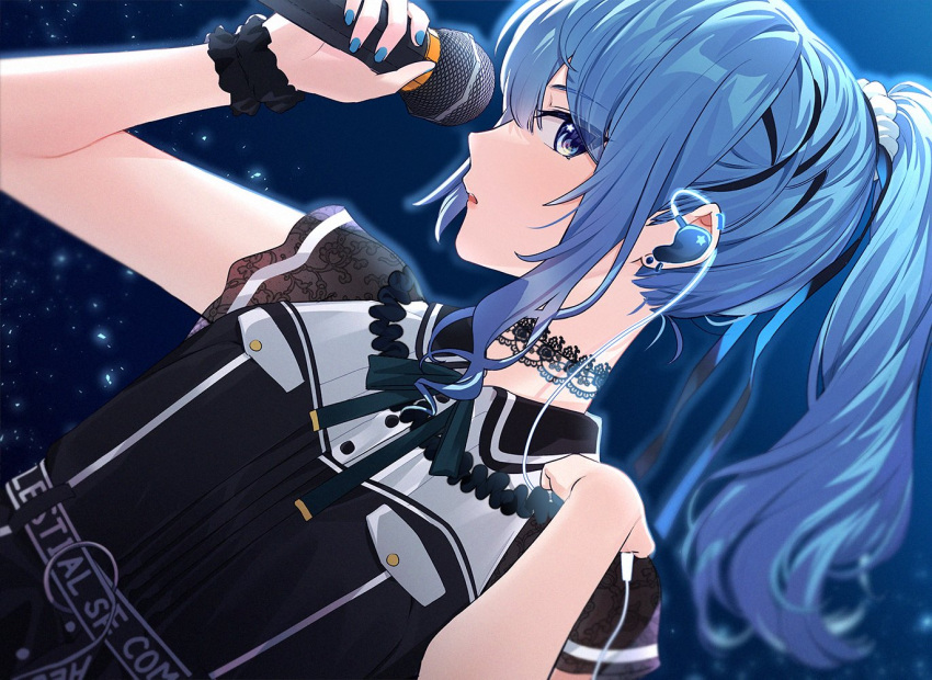 14_(vision5032) 1girl belt black_ribbon blue_eyes blue_hair blue_nails buttons choker commentary earpiece earrings fingernails green_ribbon hair_ribbon hands_up holding holding_microphone hololive hoshimachi_suisei hoshimachi_suisei_(3rd_costume) jewelry long_hair looking_at_viewer microphone neck_ribbon official_alternate_costume official_alternate_hairstyle parted_lips ponytail ribbon short_sleeves sidelocks solo star_(symbol) star_in_eye stud_earrings symbol_in_eye upper_body virtual_youtuber