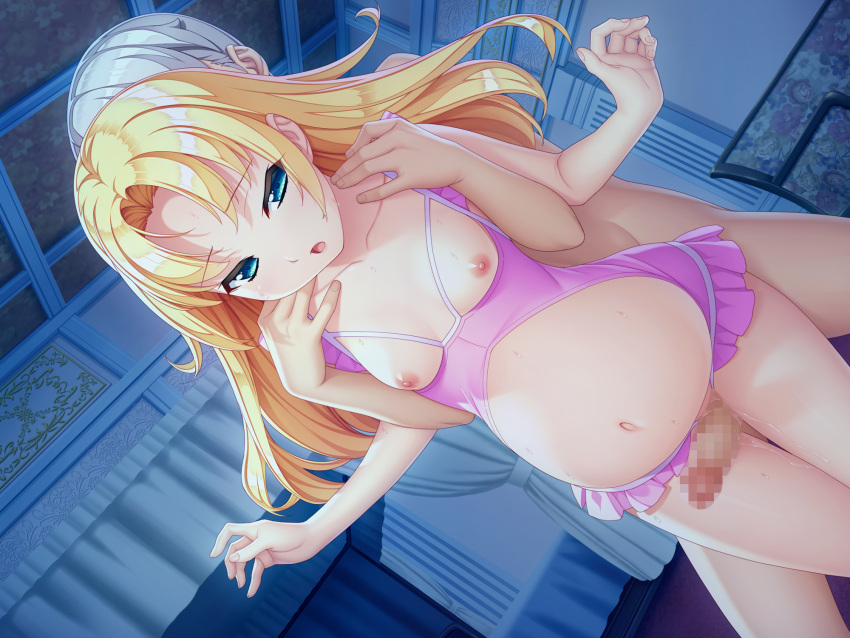 1boy 1girl bed blonde_hair blue_eyes breast_cutout breasts canopy_bed censored clothing_cutout erection grey_hair grinding hands_on_another's_shoulders hetero highres indoors ino_(magloid) long_hair mosaic_censoring nightgown non-web_source open_mouth original penis pink_nightgown pregnant small_breasts standing stomach_cutout sweat thigh_gap thigh_sex