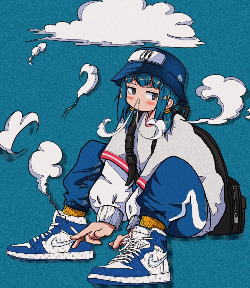 1girl air_jordan backpack bag between_legs black_bag black_eyes blowing_smoke blue_background blue_footwear blue_hair blue_headwear blue_pants blush_stickers bucket_hat cigarette closed_mouth cloud commentary full_body hand_between_legs hat highres holding holding_cigarette jitome knees_up layered_sleeves long_sleeves looking_at_viewer low_twintails medium_hair nao97122 nike original pants ringed_eyes shirt shoes short_over_long_sleeves short_sleeves short_twintails sidelocks single_vertical_stripe sitting smoke smoke_from_nose smoking sneakers solo streetwear sweater twintails white_footwear white_shirt white_sweater