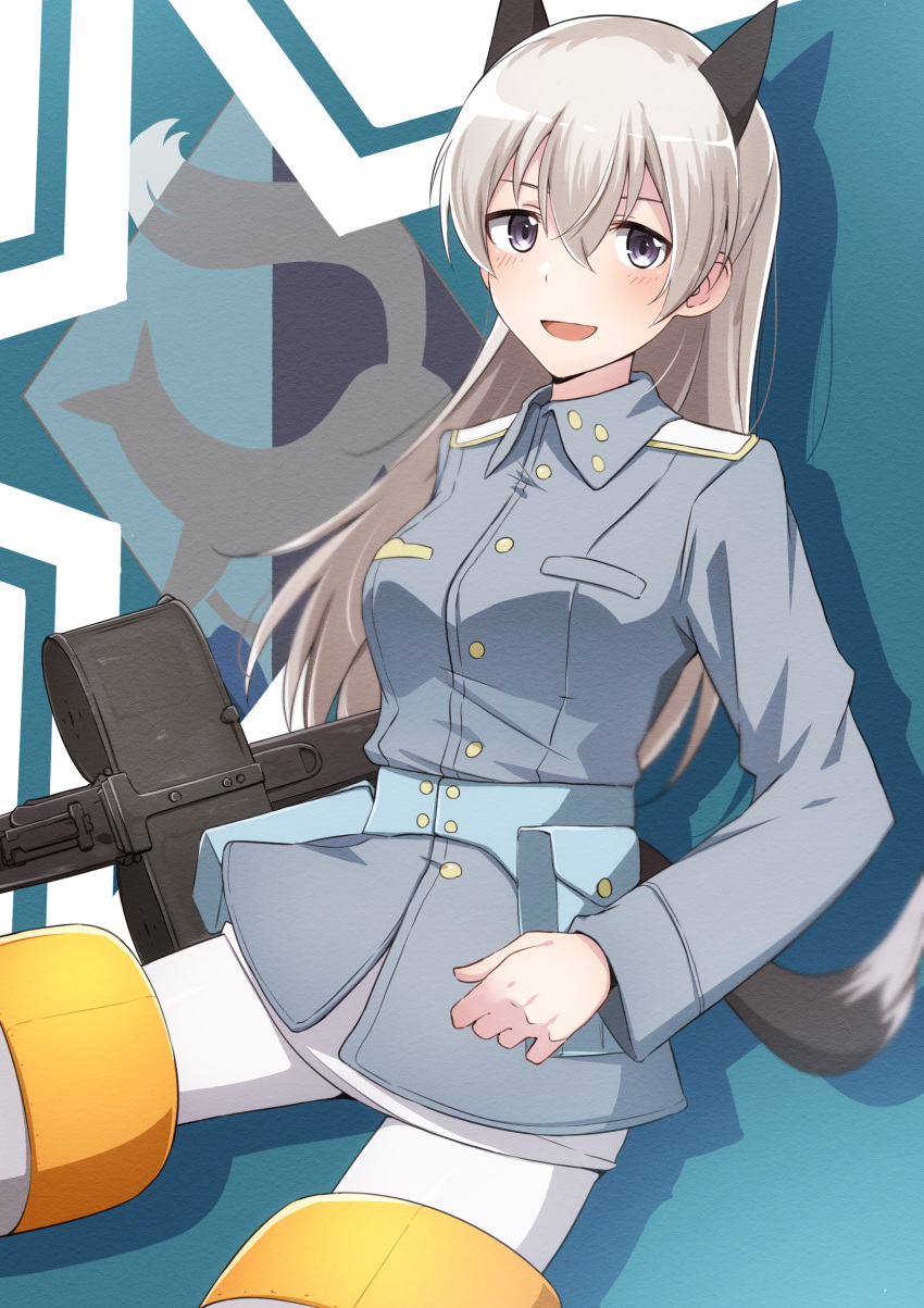 1girl absurdres animal_ears belt_pouch blue_background blue_jacket blush breasts eila_ilmatar_juutilainen emu_1316 fox_ears fox_tail gun hair_between_eyes highres holding holding_gun holding_weapon jacket long_hair long_sleeves looking_at_viewer machine_gun medium_breasts mg42 open_mouth pantyhose pouch purple_eyes smile solo strike_witches tail weapon white_hair white_pantyhose world_witches_series