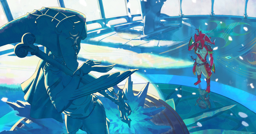 1boy colored_skin crying different_reflection fish_boy highres iketsumi mipha red_skin reflection reflective_floor sidon standing statue sunlight tears the_legend_of_zelda the_legend_of_zelda:_breath_of_the_wild wiping_tears zora