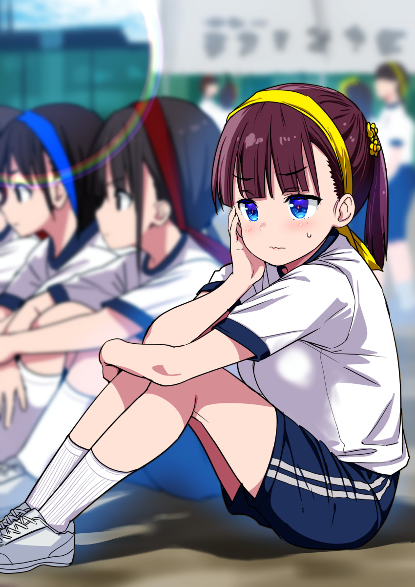 6+girls blue_eyes blurry blurry_background breasts brown_hair closed_mouth commentary_request flower frown gym_shirt gym_shorts gym_uniform hachimaki hair_flower hair_ornament hand_on_own_face headband highres hiyori_(wakana_hanabi) hugging_own_legs large_breasts lens_flare looking_afar multiple_girls original shirt shoes short_twintails shorts sneakers socks solo_focus sweatdrop twintails wakana_hanabi wavy_mouth white_footwear white_socks wince