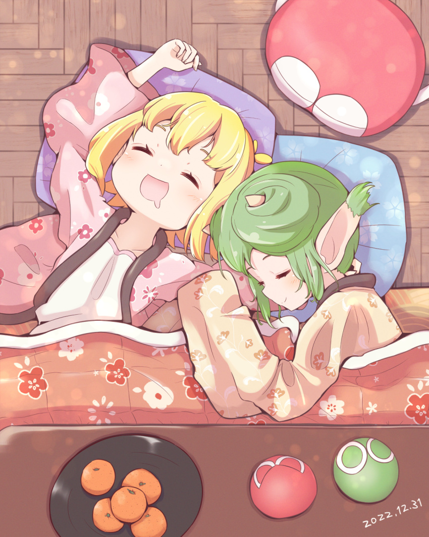 2girls amitie_(puyopuyo) bowl closed_eyes closed_mouth collarbone dated drooling food fruit green_hair highres indoors japanese_clothes jazz_grace kotatsu lidelle_(puyopuyo) lying mouth_drool multiple_girls on_back on_side orange_(fruit) pillow pointy_ears puyo_(puyopuyo) puyopuyo puyopuyo_fever red_headwear sleeping smile table unworn_headwear wooden_floor yellow_horns