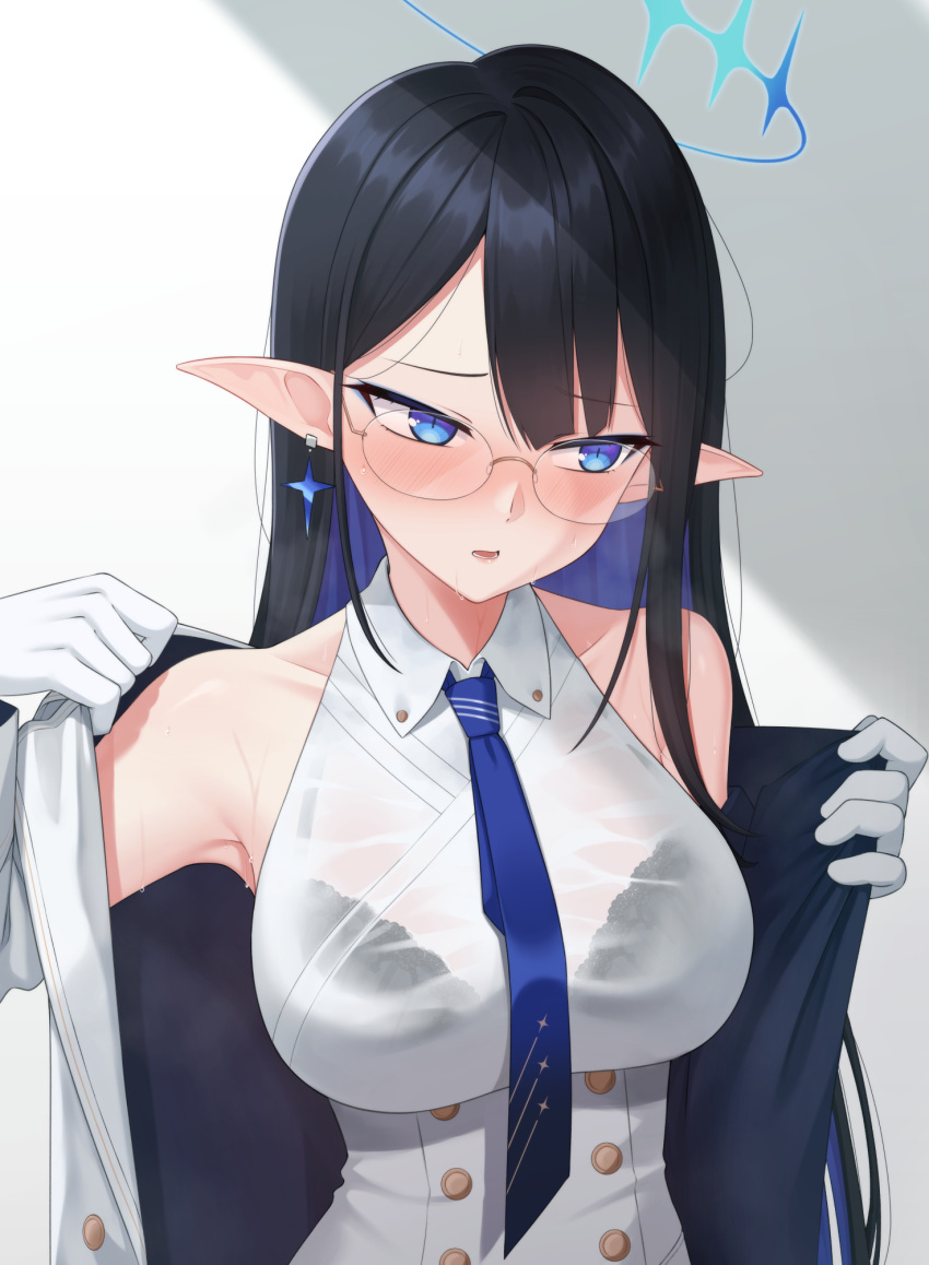 1girl black_bra black_hair blue_archive blue_eyes bra bra_visible_through_clothes commentary english_commentary glasses gloves highres kurisu-kun long_hair looking_to_the_side pointy_ears rin_(blue_archive) solo underwear upper_body white_gloves