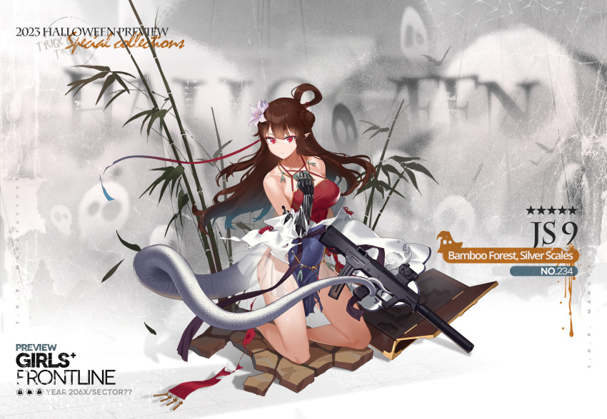 1girl 2023 bamboo bare_legs bare_shoulders breasts brown_hair character_name clenched_hand closed_mouth commentary copyright_name dirt english_commentary fangdan_runiu flower flower_request full_body girls'_frontline gun hair_flower hair_ornament halloween hand_up highres holding holding_gun holding_weapon holding_with_tail honeycomb_(pattern) japanese_clothes jewelry js_9_(bamboo_forest_silver_scales)_(girls'_frontline) js_9_(girls'_frontline) js_9_mm kimono kneeling large_breasts long_hair looking_at_viewer mechanical_arms necklace o-ring official_alternate_costume official_art pointy_ears prehensile_tail red_eyes red_shirt second-party_source see-through see-through_skirt serious shirt simple_background single_mechanical_arm skirt smile snake_tail solo star_(symbol) tail topknot torn_clothes torn_kimono trick_or_treat very_long_hair very_long_tail weapon weapon_case white_background white_kimono white_tail wide_sleeves