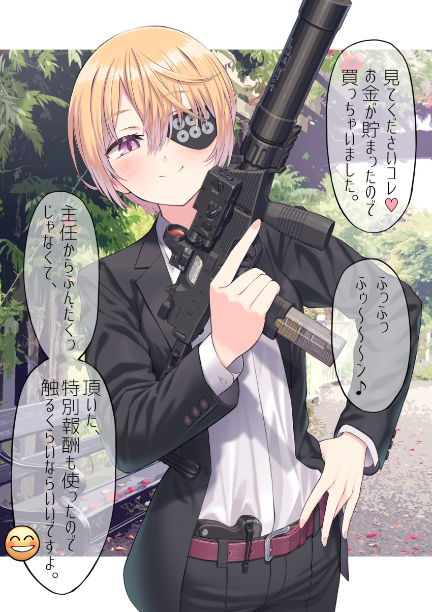 1girl b&amp;t_mp9 black_pants black_suit blonde_hair blush collared_shirt concealed_weapon eyepatch gun hand_on_own_hip handgun highres holding holding_gun holding_weapon kirika_sanada_(samaru) long_sleeves looking_at_viewer original pants purple_eyes samaru_(seiga) shirt short_hair smile solo speech_bubble submachine_gun suit suppressor taurus_curve translation_request trigger_discipline upper_body weapon white_shirt