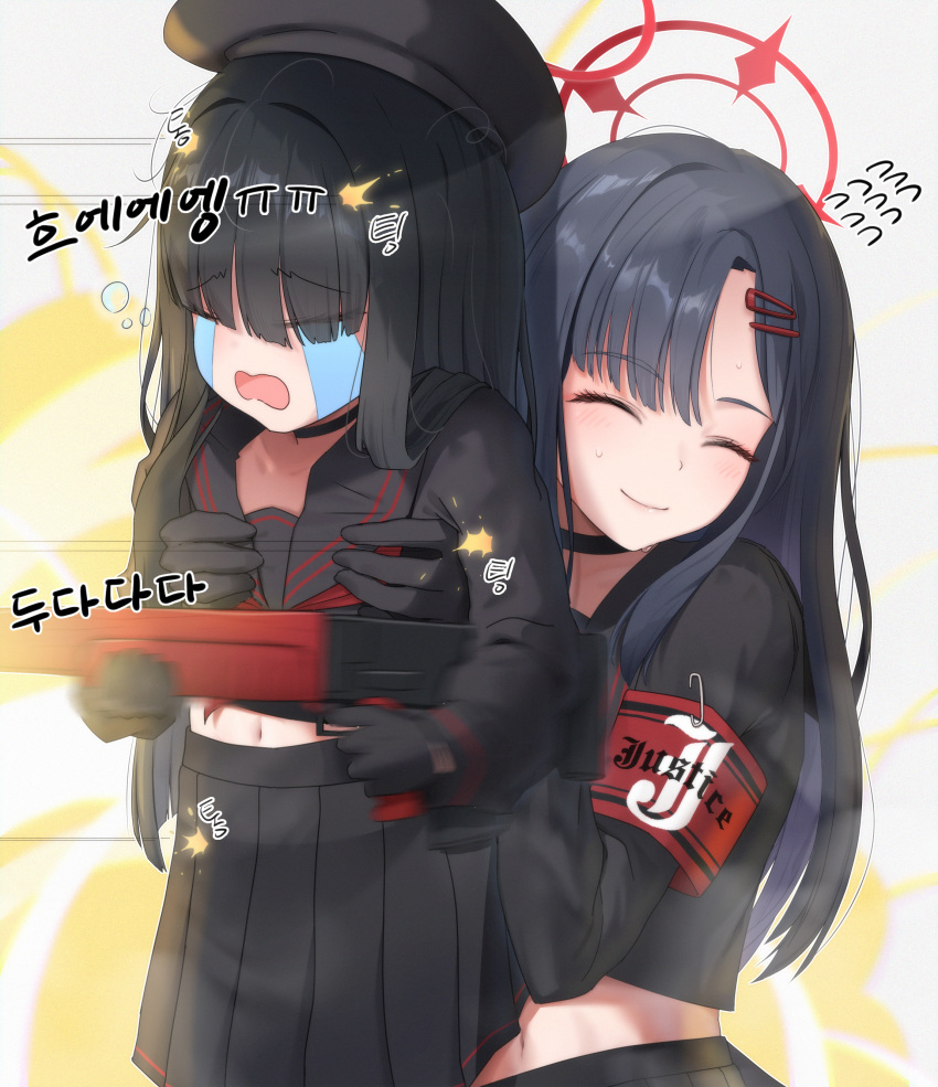 2girls absurdres assault_rifle black_gloves black_hair black_serafuku blue_archive bullpup chiu538 crying em-2 eyes_visible_through_hair firing gloves gun hair_ornament hair_over_eyes hairclip highres holding holding_gun holding_weapon ichika_(blue_archive) justice_task_force_member_(blue_archive) long_hair midriff multiple_girls navel rifle school_uniform serafuku weapon