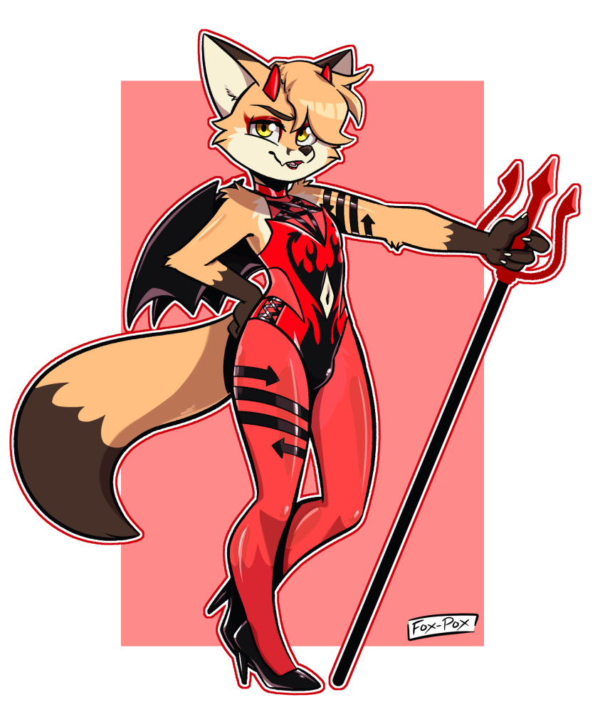 anthro bat_wings canid canine clothed clothing costume devil_costume digital_drawing_(artwork) digital_media_(artwork) eyeshadow fake_horns footwear fox halloween halloween_costume hi_res high_heels holidays legwear lipstick looking_at_viewer makeup male mammal membrane_(anatomy) membranous_wings open_mouth pitchfork shoes simple_background smile solo tail tongue tools translucent translucent_clothing wings yellow_eyes ziggy_fox