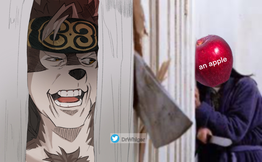 1boy ainu_clothes animal_ears apple axe bara broken_door chest_hair crazy_eyes crazy_smile dr_whiger food fruit furry furry_male grey_fur here's_johnny!_(meme) highres hole_in_wall horkeu_kamui large_pectorals male_focus meme muscular muscular_male parody parody_request pectorals rape_face scared scene_reference shaded_face short_hair solo tokyo_afterschool_summoners upper_body wolf_boy wolf_ears