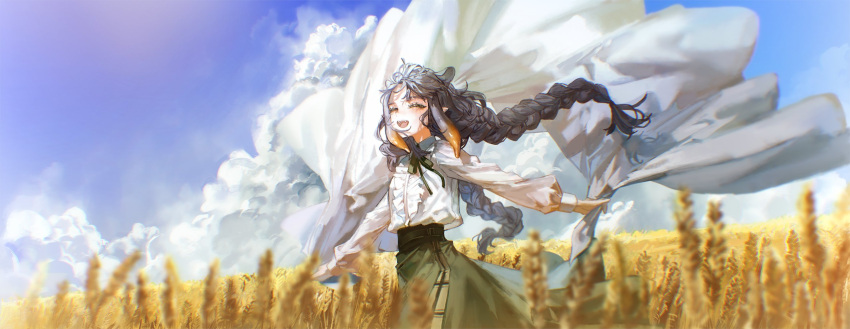 1girl belt black_belt black_bow black_skirt blanket bow braid center_frills closed_eyes cloud cloudy_sky collared_shirt fang frills high-waist_skirt highres holding holding_blanket hololive hololive_english long_hair long_sleeves ninomae_ina'nis orange_hair outstretched_arms plaid plaid_skirt puffy_sleeves purple_hair quasarcake shirt shirt_tucked_in skirt sky tentacle_hair twin_braids very_long_hair virtual_youtuber wheat wheat_field wind