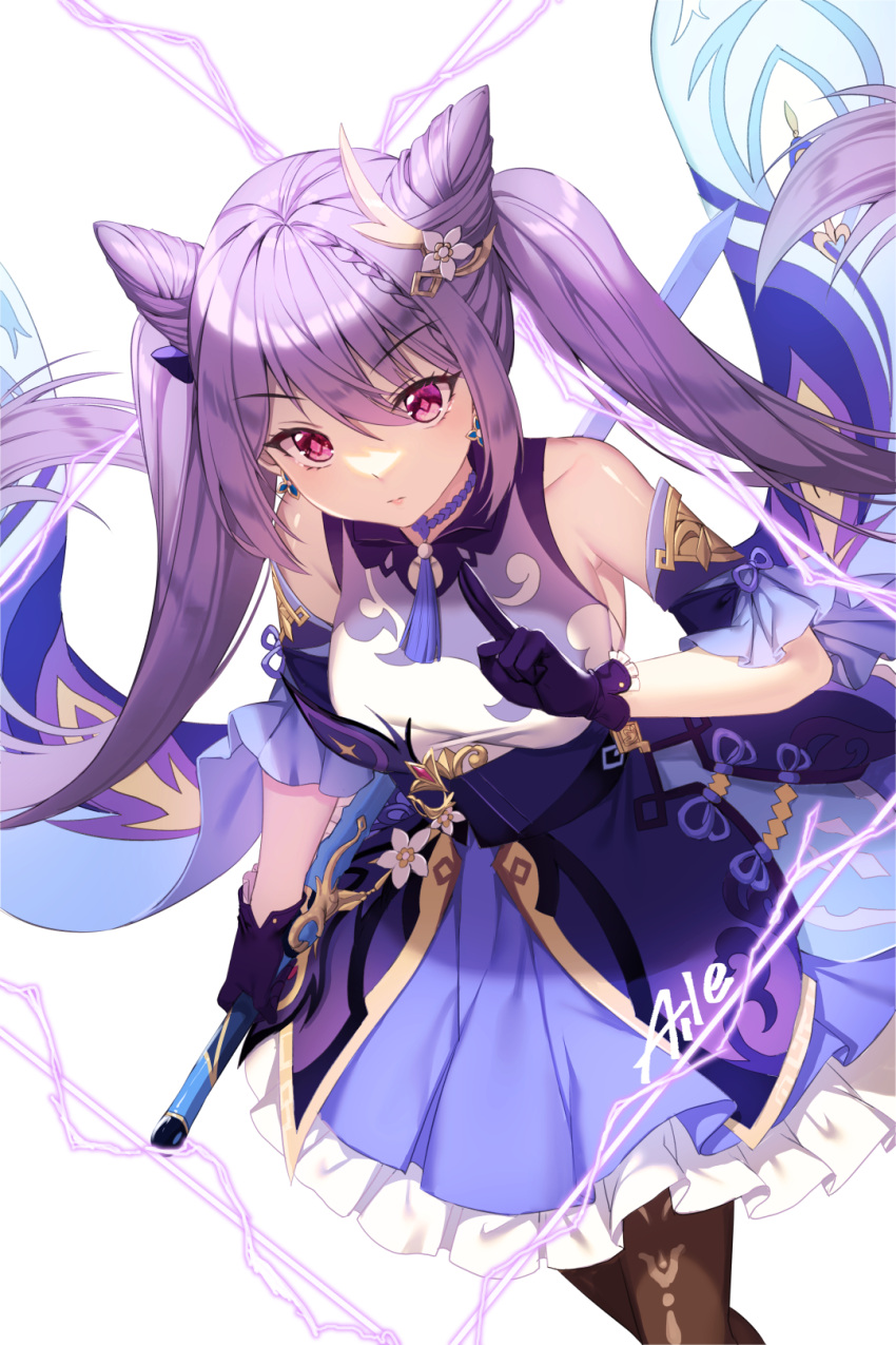 1girl aile_(crossroads) closed_mouth cone_hair_bun diamond-shaped_pupils diamond_(shape) double_bun earrings electricity genshin_impact gloves hair_bun highres holding holding_weapon jewelry keqing_(genshin_impact) long_hair looking_at_viewer pantyhose pink_eyes purple_gloves purple_hair solo symbol-shaped_pupils twintails weapon