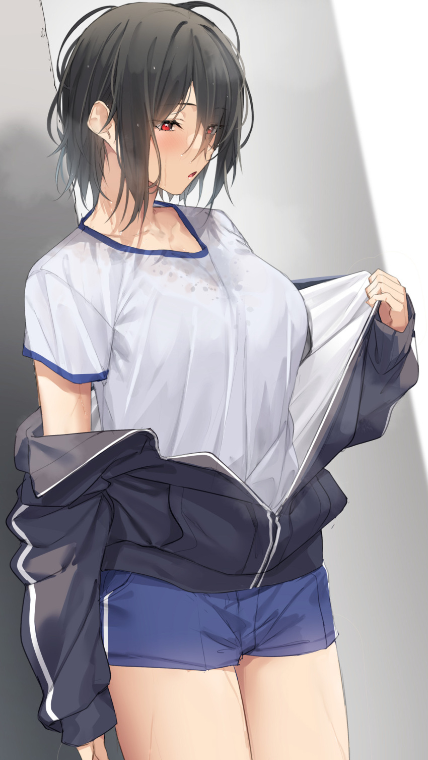 1girl black_hair black_jacket blue_shorts blurry blurry_background breasts cowboy_shot dutch_angle gym_shirt gym_shorts gym_uniform highres jacket large_breasts long_sleeves looking_down open_mouth original pallad red_eyes shirt short_hair short_sleeves shorts standing sweat white_shirt