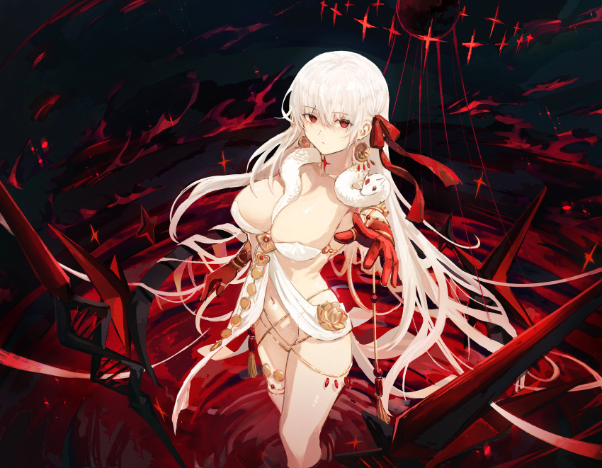 1girl absurdres armlet bare_shoulders belly_chain body_markings bracelet breasts cleavage collarbone colored_skin durga_(fate) earrings facial_mark fate/grand_order fate_(series) forehead_mark gradient_skin hair_ribbon highres jewelry large_breasts long_hair looking_at_viewer navel okonon_(kado_colda) outstretched_arm pelvic_curtain red_eyes red_skin revealing_clothes ribbon ripples sash snake solo thighs thumb_ring very_long_hair wading water weapon white_hair