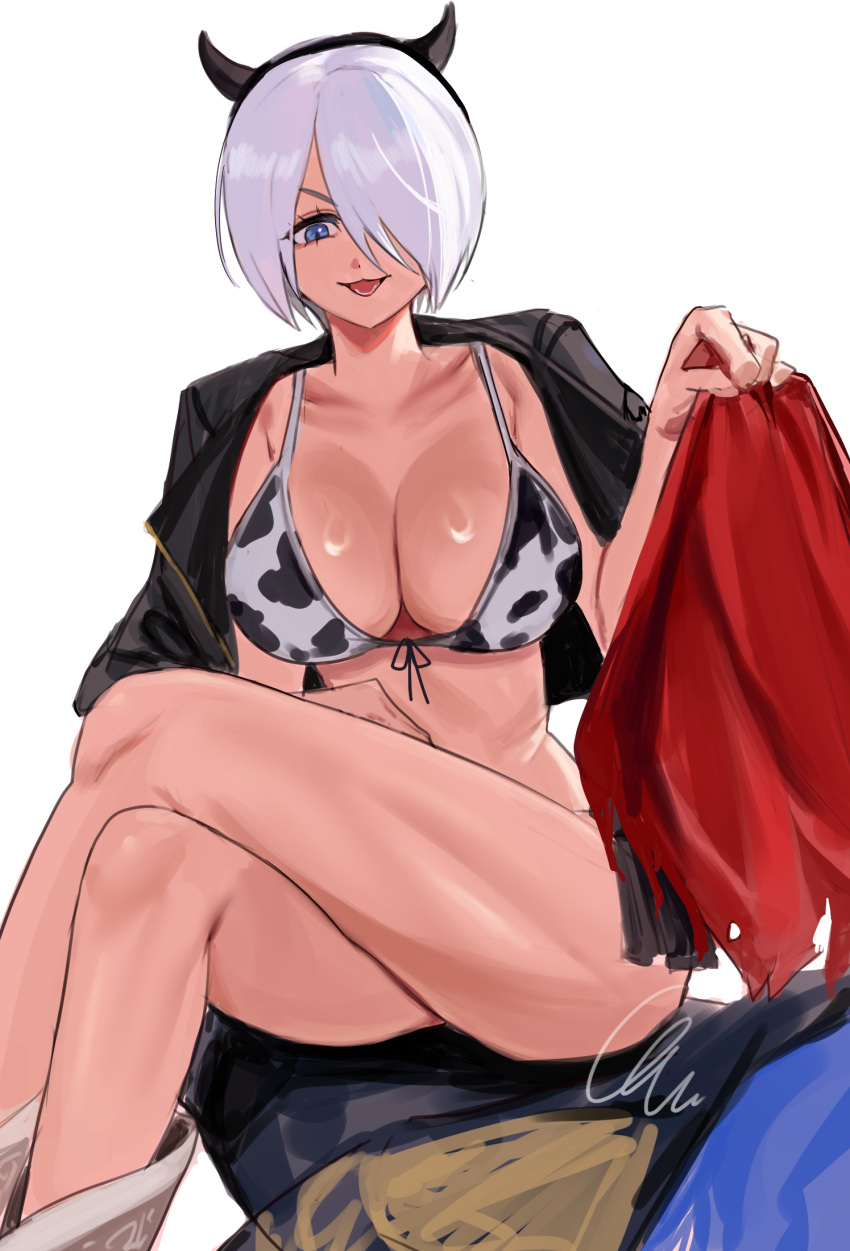 1girl angel_(kof) animal_print antlers bikini blue_eyes boots breasts cleavage cow_girl cow_horns cow_print cow_print_bikini cowboy_boots cropped_jacket dan_koflove fake_horns fingerless_gloves gloves hair_over_one_eye highres horns jacket large_breasts leather leather_jacket midriff navel print_bikini short_hair smile snk solo swimsuit the_king_of_fighters toned underwear white_hair