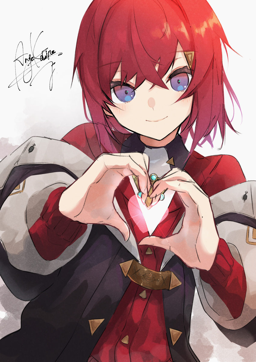 1girl absurdres ange_katrina ange_katrina_(1st_costume) cardigan heart heart_hands highres light_blush long_sleeves looking_at_viewer nijisanji ogura_tubuan purple_eyes red_cardigan red_hair short_hair simple_background smile solo triangle_hair_ornament upper_body virtual_youtuber white_background