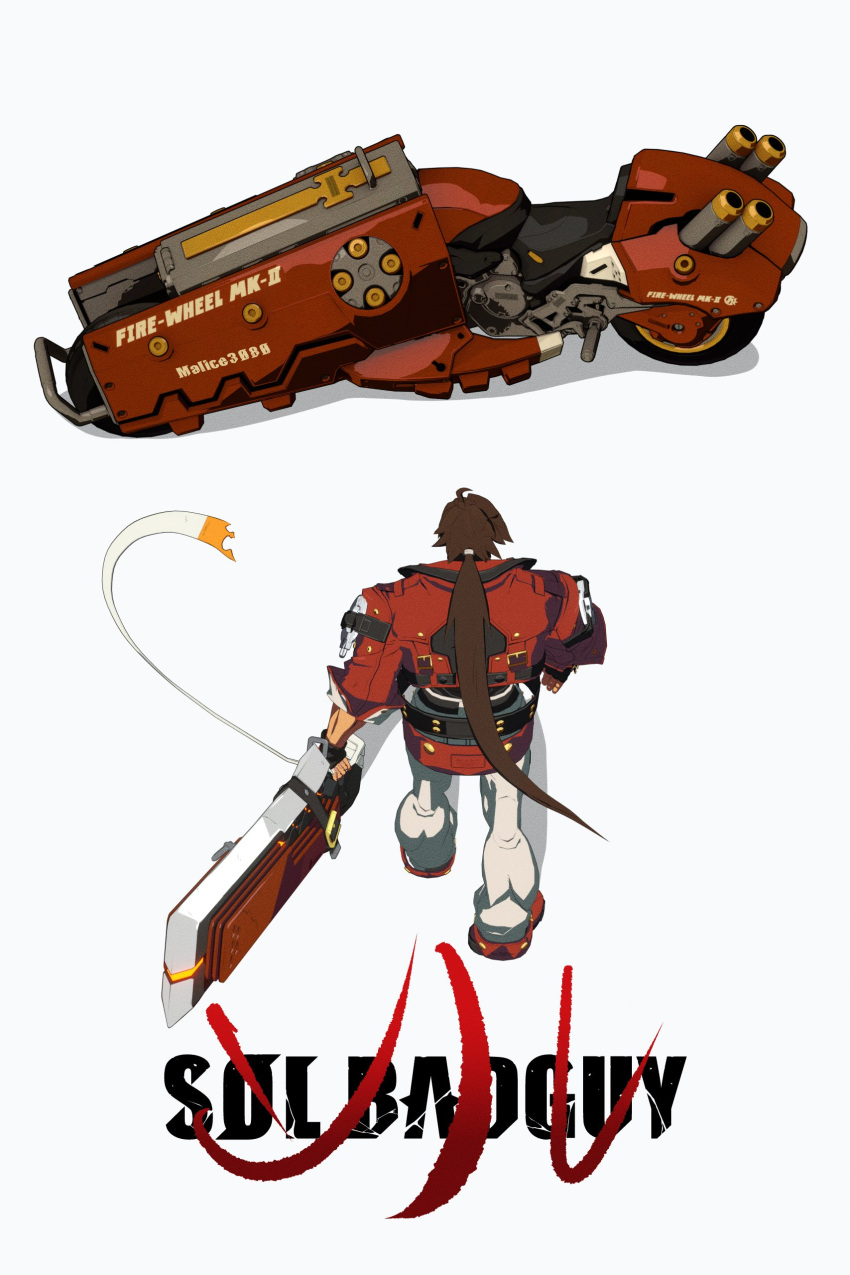 1boy absurdres akira_(manga) akira_movie_poster black_gloves blender_(medium) brown_hair character_name fingerless_gloves gloves guilty_gear guilty_gear_strive highres holding_cannon jacket long_hair male_focus malice3080 muscular muscular_male outrage_mk_ii ponytail poster_parody red_jacket sol_badguy spiked_hair
