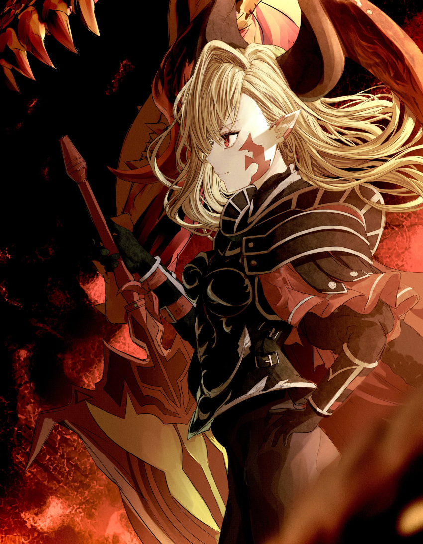 absurdres armor black_armor black_horns black_pants blonde_hair cape dragon_horns facial_mark fate/grand_order fate_(series) flaming_sword flaming_weapon fur-trimmed_cape fur_trim hand_on_own_hip highres horns looking_away nero_claudius_(fate) pants pointy_ears queen_draco_(fate) queen_draco_(third_ascension)_(fate) red_cape red_eyes shoulder_plates smile yagi_(yagi5art)