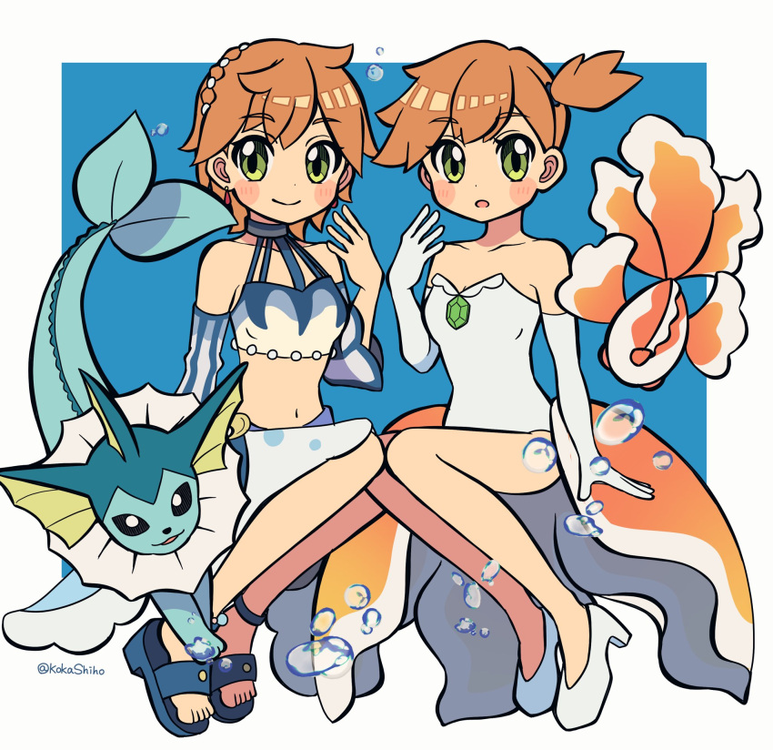 2girls :o armpit_crease artist_name bare_shoulders black_eyes blue_background blue_footwear blue_skin blush bubble collarbone colored_skin detached_sleeves dress elbow_gloves fins forked_tail gloves goldeen green_eyes halterneck head_fins highres invisible_chair kokashiho midriff misty_(pokemon) mixed-language_commentary multiple_girls navel orange_hair pokemon pokemon_(anime) pokemon_(classic_anime) pokemon_(creature) sandals short_hair sitting sleeveless sleeveless_dress smile strapless strapless_dress tail vaporeon white_dress