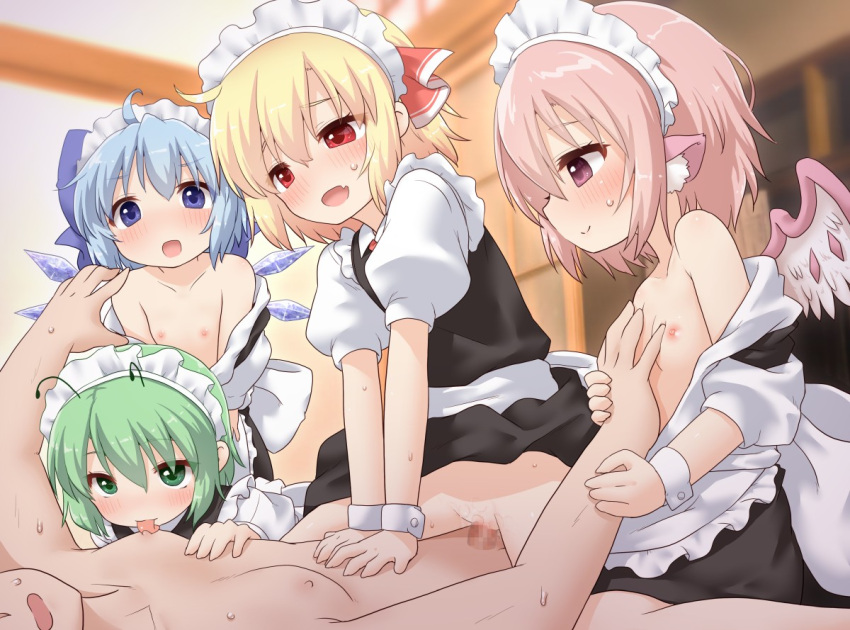 1boy 4girls blonde_hair blue_eyes blue_hair blush cirno green_eyes green_hair hair_between_eyes multiple_girls mystia_lorelei natsu_no_koucha pink_eyes pink_hair red_eyes rumia short_hair team_9 touhou wriggle_nightbug