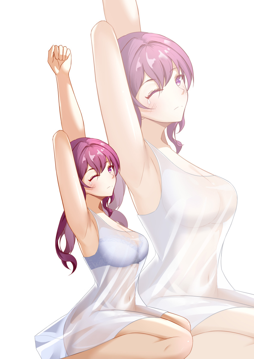 1girl absurdres armpits arms_up breasts bu_weizhuang commentary_request dress highres honkai:_star_rail honkai_(series) kafka_(honkai:_star_rail) large_breasts long_hair looking_at_viewer multiple_views one_eye_closed purple_eyes purple_hair see-through simple_background sitting stretching thighs wariza white_background white_dress zoom_layer