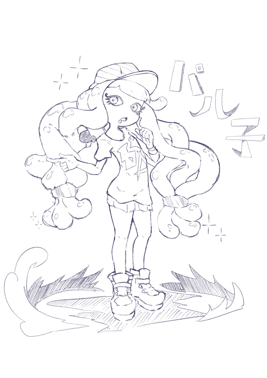 1girl absurdres afuron baseball_cap blunt_bangs boots bracelet character_name commentary_request drooling dust fish flat_chest greyscale hair_tie hand_on_own_cheek hand_on_own_face hands_up harmony's_clownfish_(splatoon) harmony_(splatoon) hat highres index_finger_raised jewelry legs long_hair looking_at_viewer low-tied_long_hair miniskirt monochrome open_mouth pleated_skirt ringed_eyes shirt short_sleeves sidelocks simple_background sketch skirt solo_focus sparkle splatoon_(series) splatoon_3 striped striped_headwear tentacle_hair tentacles thighs translated very_long_hair white_background