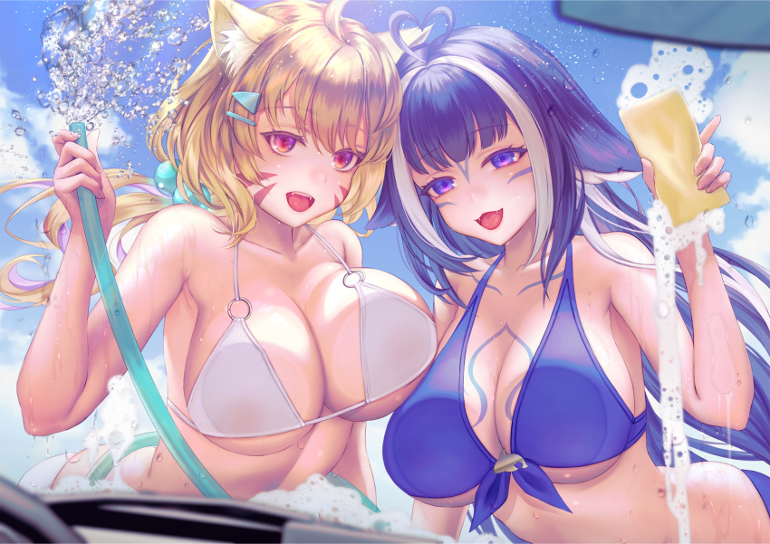 2girls against_glass ahoge animal_ears bikini blonde_hair blue_bikini blue_hair blue_sky breast_press breasts breasts_on_glass cat_ears cat_girl cleavage commission facial_mark fangs hair_ornament hairclip highres holding holding_hose holding_sponge hose indie_virtual_youtuber large_breasts long_hair looking_at_viewer megumi_(piyo7piyo9) multicolored_hair multiple_girls open_mouth orca_girl purple_eyes red_eyes shylily shyrei_faolan skeb_commission sky smile sponge streaked_hair swimsuit virtual_youtuber washing_vehicle white_bikini white_hair