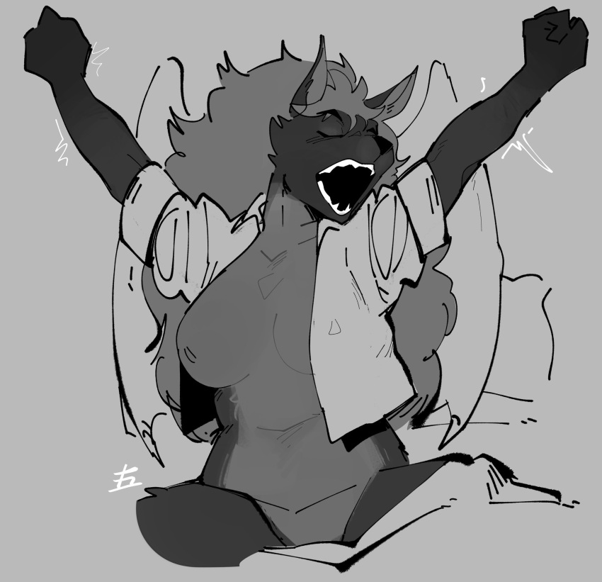 anthro breasts canid canine canis clothing digital_media_(artwork) female fur goonie-san hair hi_res mammal monochrome open_mouth pantsless shirt signature simple_background solo stretching teeth topwear unbuttoned_shirt wings wolf yawn