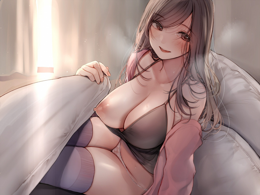 1girl amane_ruri bangs blanket blush breasts brown_eyes brown_hair cleavage collarbone commentary_request curtains indoors large_breasts long_hair long_sleeves nipples off_shoulder one_breast_out original panties parted_lips purple_thighhighs single_bare_shoulder sitting smile solo sunlight swept_bangs thighhighs thighs underwear white_panties