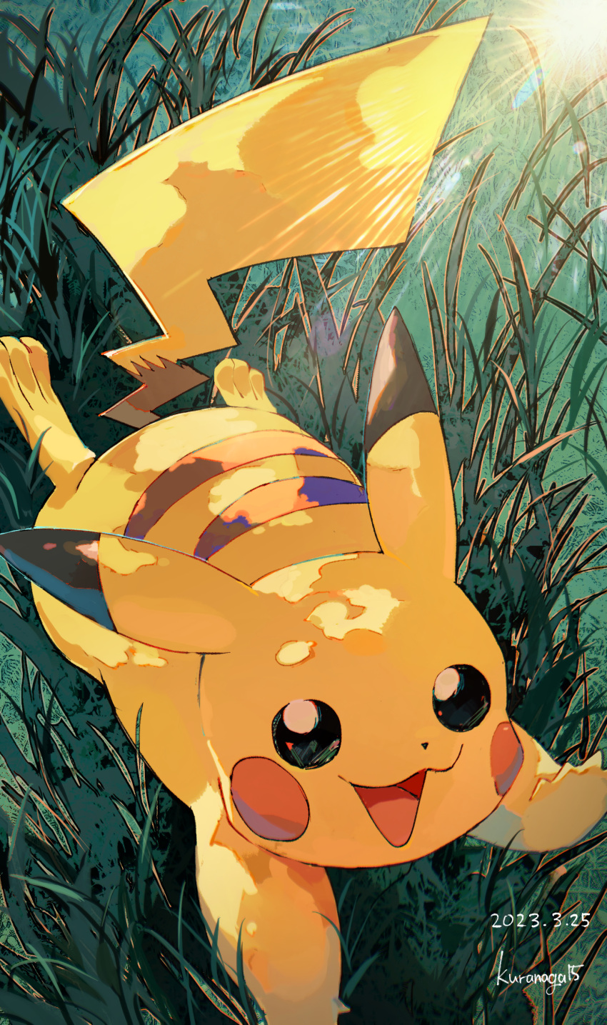 absurdres animal_focus artist_name commentary_request dated full_body grass highres looking_at_viewer nagakura_(seven_walkers) no_humans open_mouth pikachu pokemon pokemon_(creature) tail